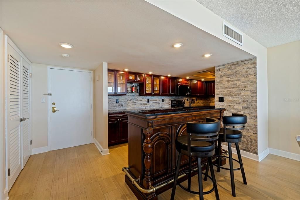 Interior, Kitchen, Recessed Lighting, Stone Walls, Wood Texture Flooring