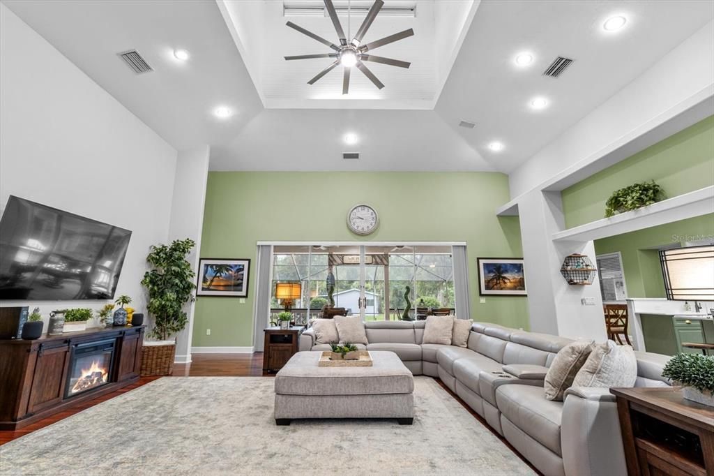 Fireplace, Interior, Living room, Recessed Lighting, Wood Texture Flooring