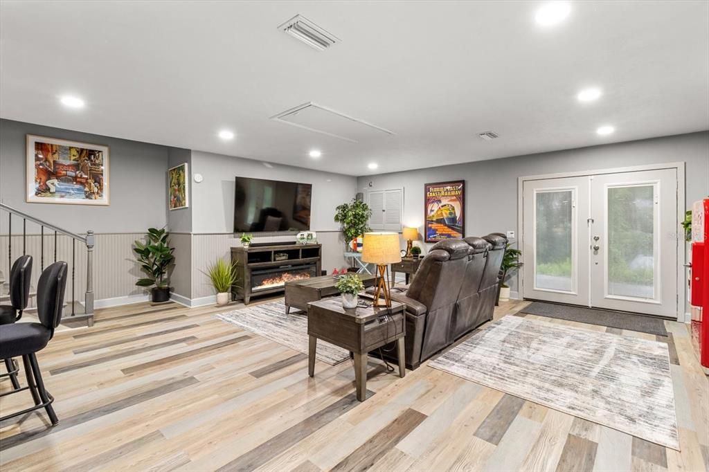 Fireplace, Interior, Living room, Recessed Lighting, Wood Texture Flooring