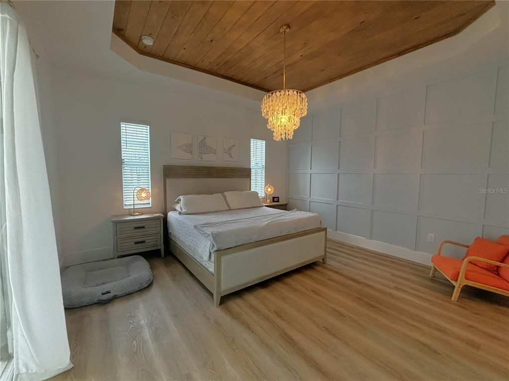 Bedroom, Chandelier, Interior, Wooden Ceilings, Wood Texture Flooring