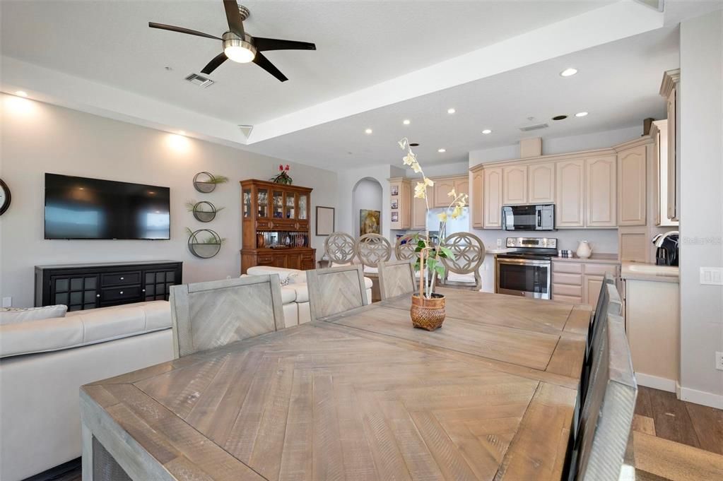 Dining room, Interior, Kitchen, Living room, Recessed Lighting, Stainless Steel Appliances, Wood Texture Flooring