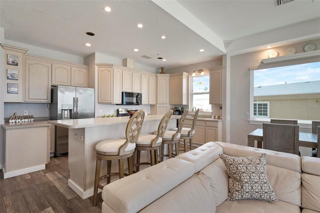 Interior, Kitchen, Living room, Recessed Lighting, Stainless Steel Appliances, Wood Texture Flooring