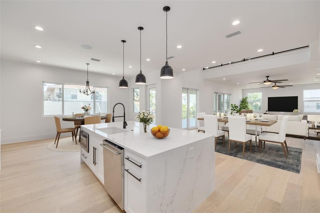 Dining room, Interior, Kitchen, Living room, Pendant Lights, Recessed Lighting, Wood Texture Flooring