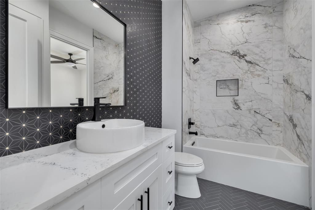 Bathroom, Interior, Marble Walls, Wood Texture Flooring