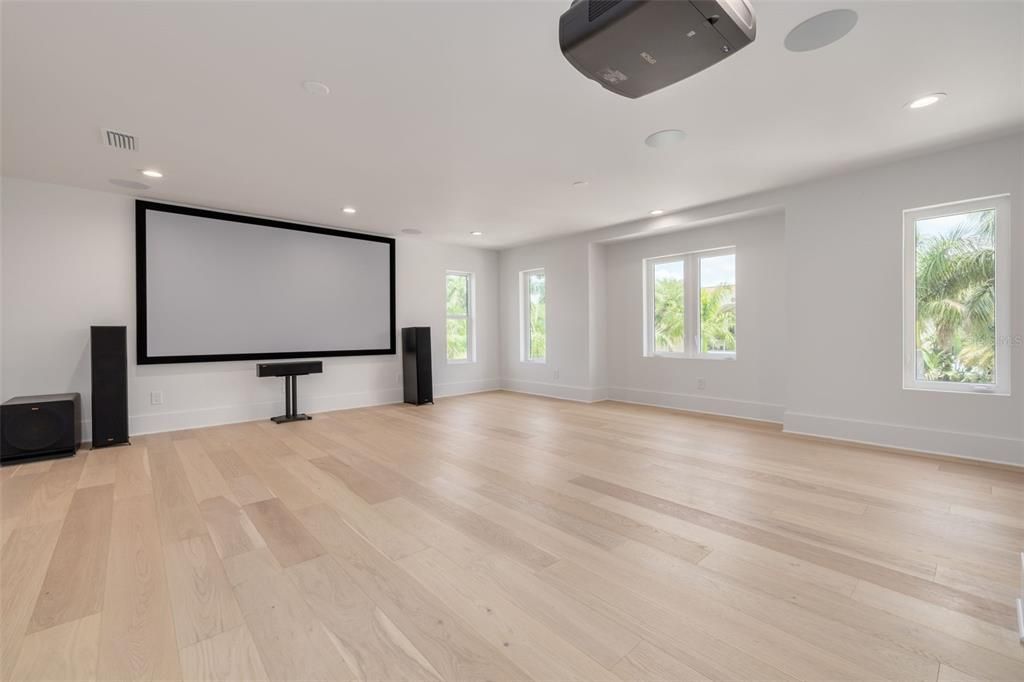 Empty room, Interior, Projection Screen, Recessed Lighting, Wood Texture Flooring