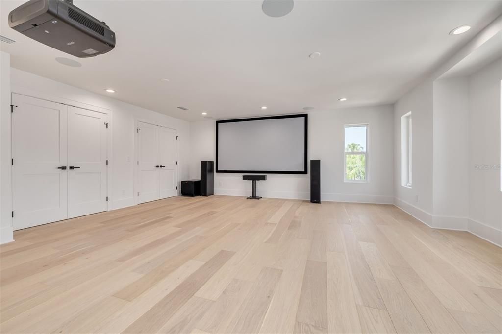 Empty room, Interior, Projection Screen, Recessed Lighting, Wood Texture Flooring