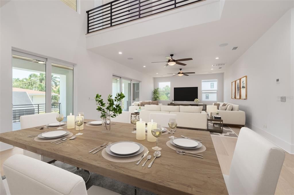 Dining room, Interior, Living room, Recessed Lighting, Wood Texture Flooring