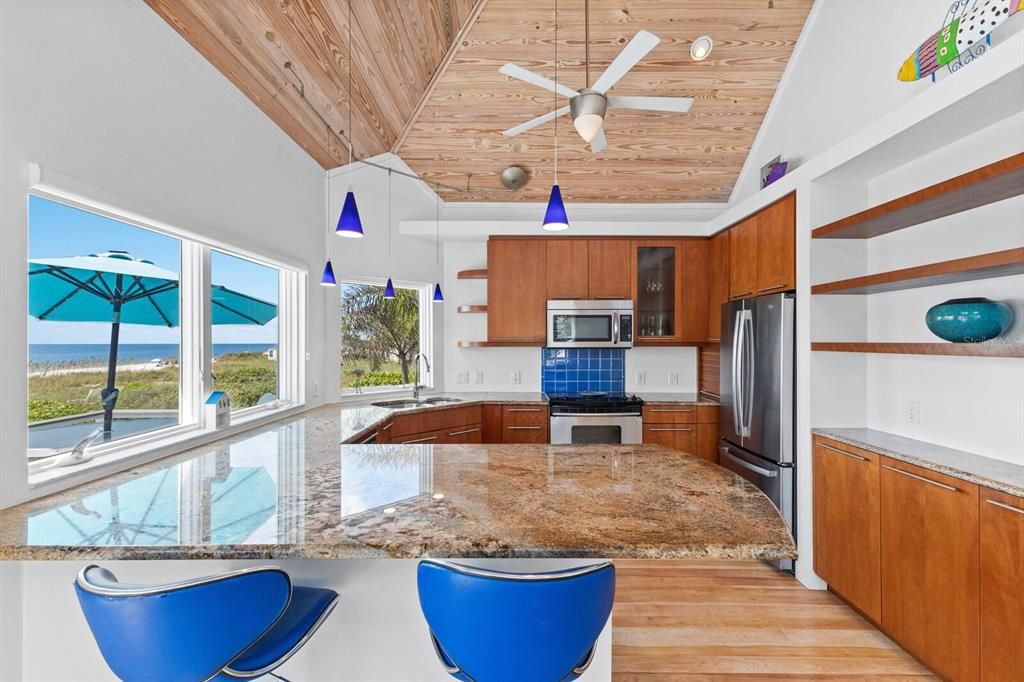 Interior, Kitchen, Pendant Lights, Stainless Steel Appliances, Wooden Ceilings, Wood Texture Flooring