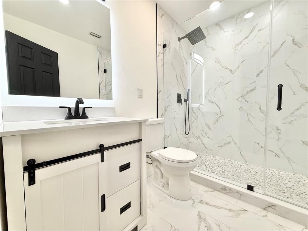 Bathroom, Glass Shower, Interior, Marble, Marble Walls, Recessed Lighting