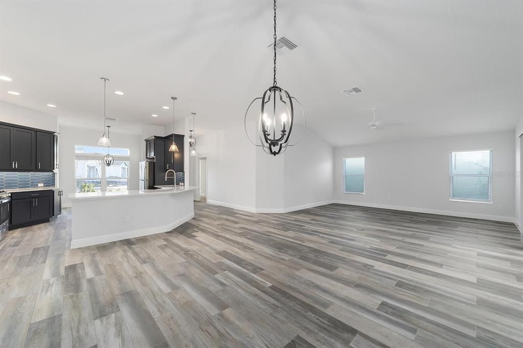 Empty room, Interior, Kitchen, Pendant Lights, Recessed Lighting, Wood Texture Flooring