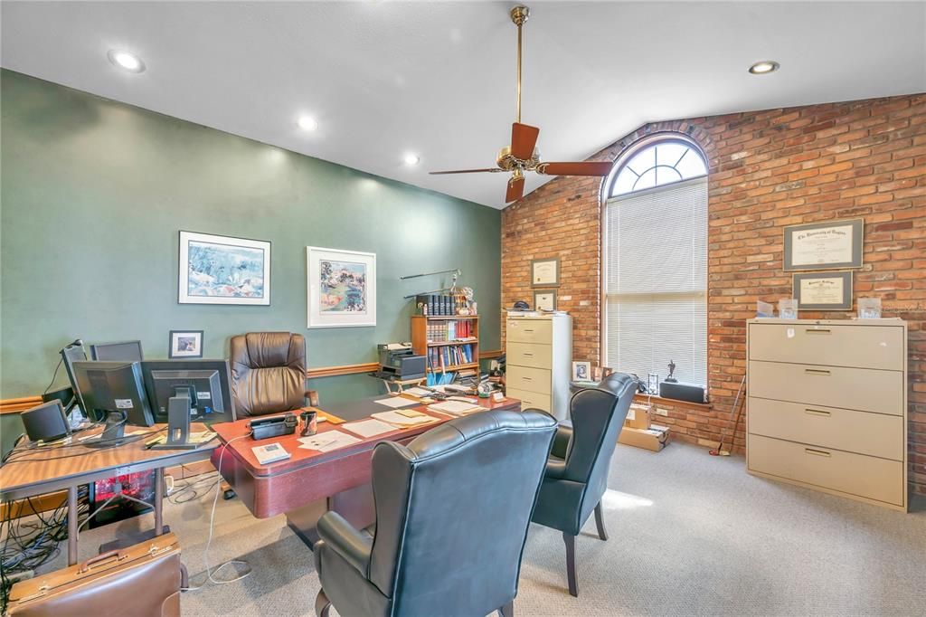 Home Office, Interior, Recessed Lighting, Stone Walls