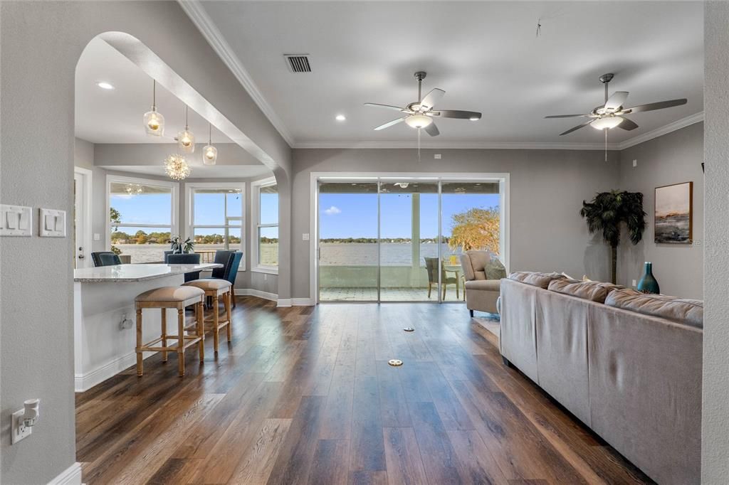 Interior, Living room, Pendant Lights, Recessed Lighting, Water, Wood Texture Flooring