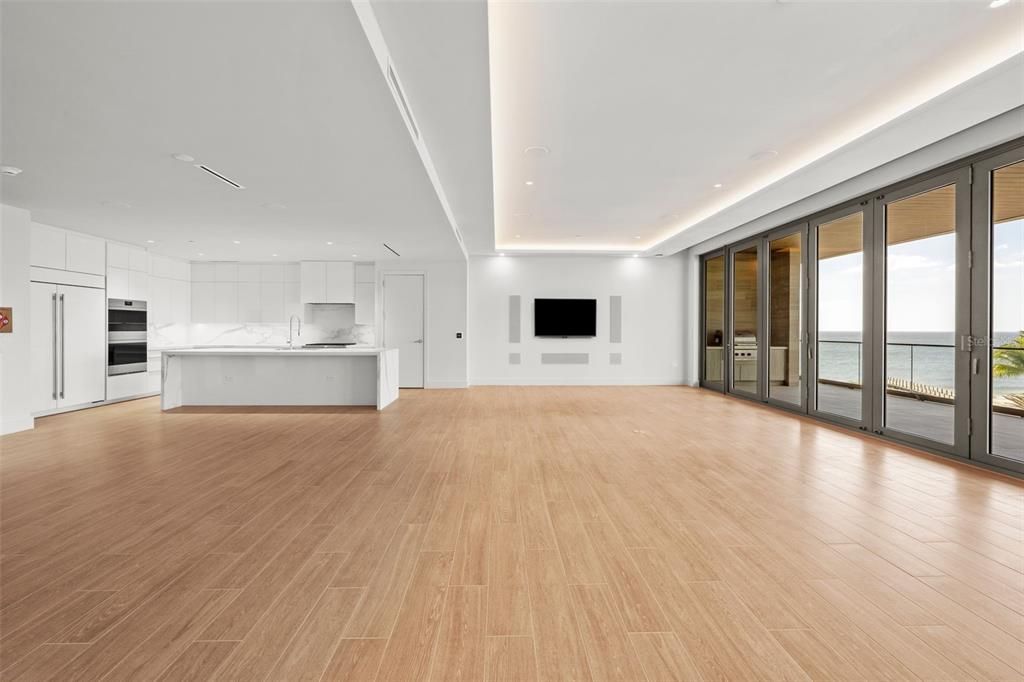 Interior, Kitchen, Recessed Lighting, Stainless Steel Appliances, Water, Wood Texture Flooring