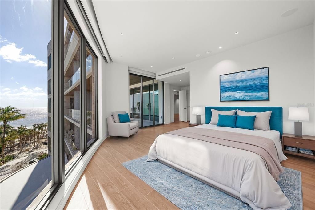 Bedroom, Interior, Recessed Lighting, Water, Wood Texture Flooring