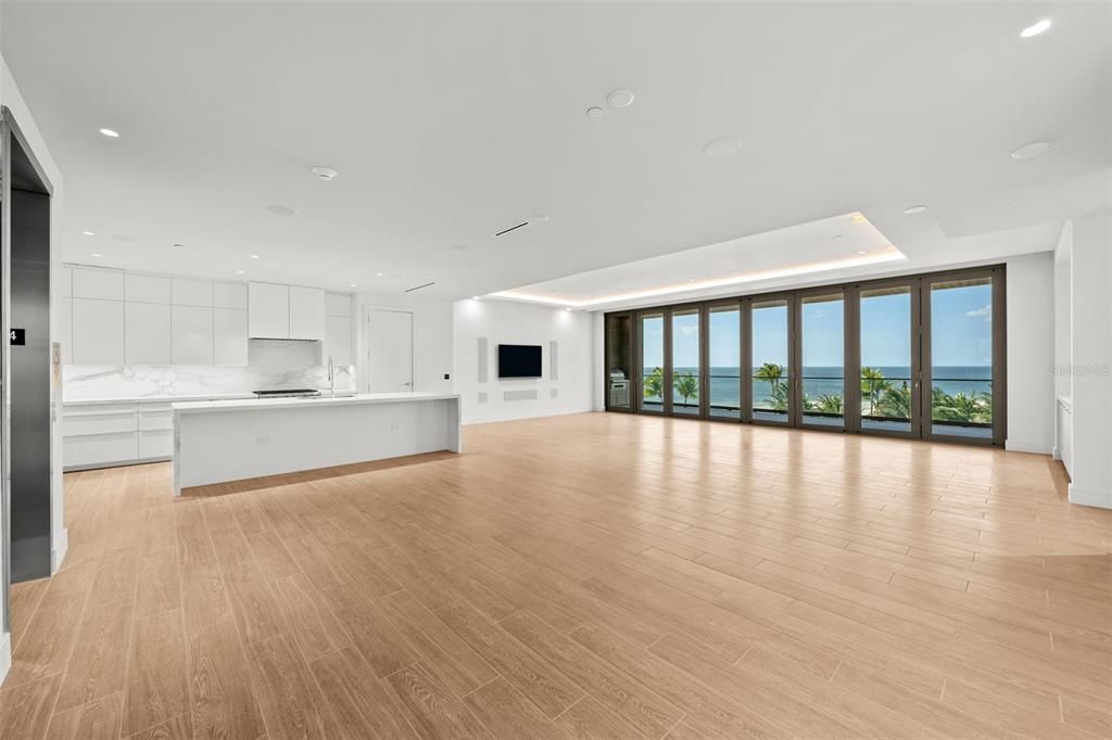 Interior, Kitchen, Recessed Lighting, Water, Wood Texture Flooring