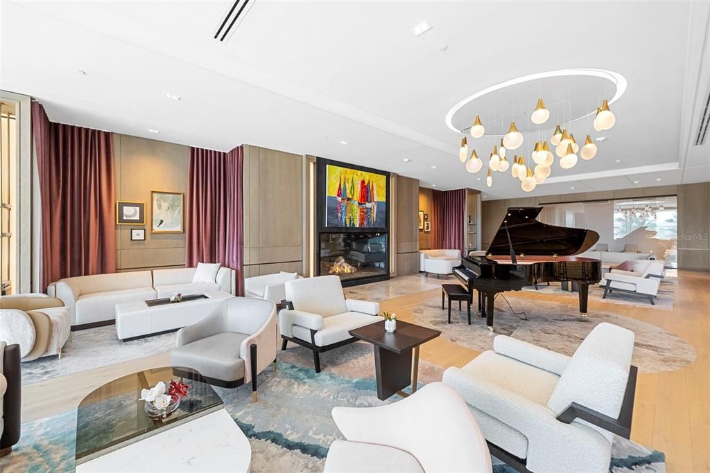 Fireplace, Interior, Living room, Piano, Recessed Lighting, Wood Texture Flooring