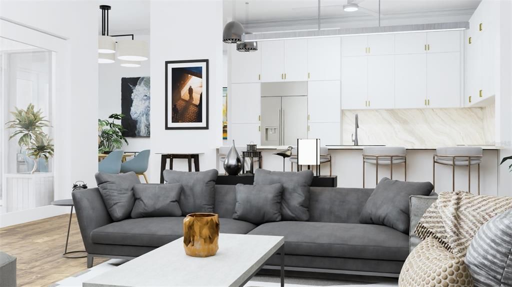 Interior, Kitchen, Living room, Marble Walls, Pendant Lights, Wood Texture Flooring