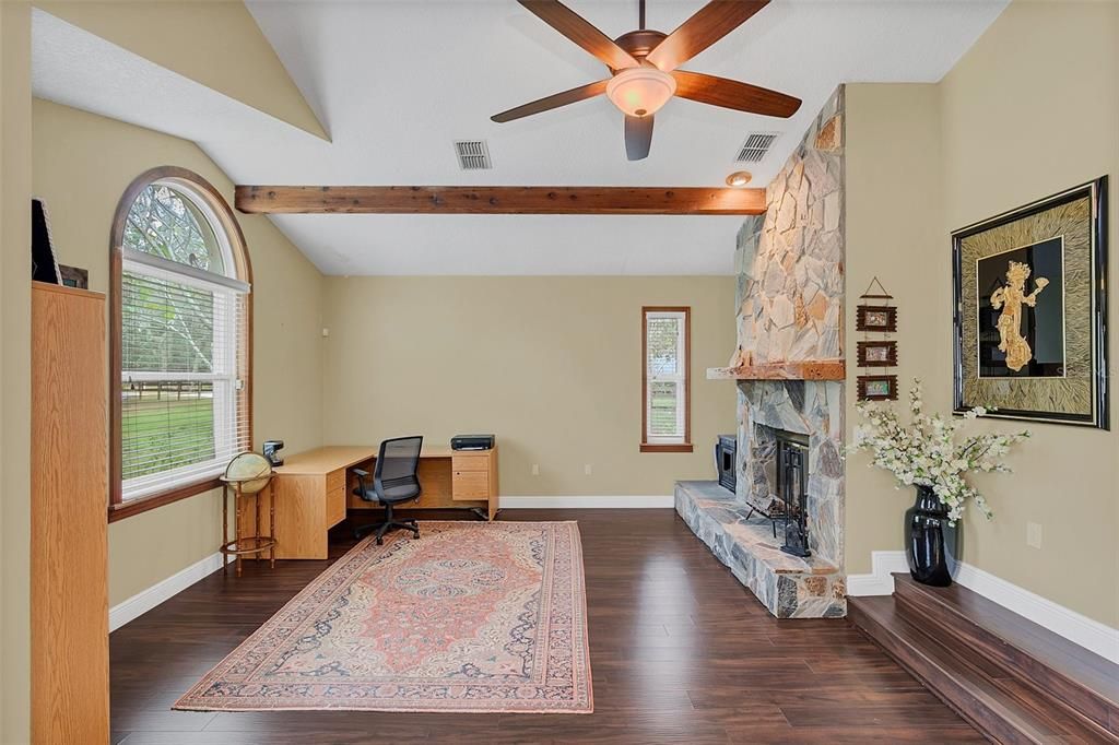 Fireplace, Home Office, Interior, Wooden Beams, Wood Texture Flooring