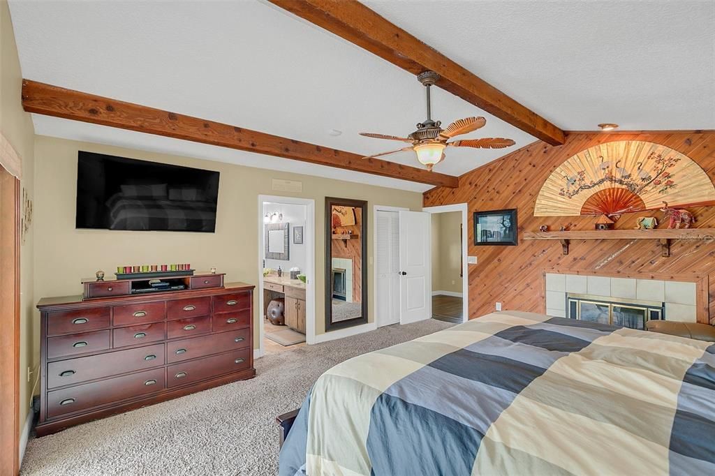 Bedroom, Fireplace, Interior, Wooden Beams, Wooden Walls