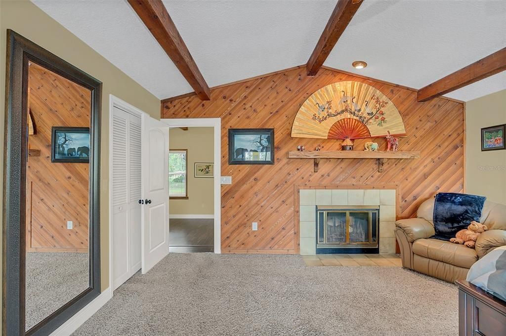 Empty room, Fireplace, Interior, Recessed Lighting, Wooden Beams, Wood Texture Flooring, Wooden Walls