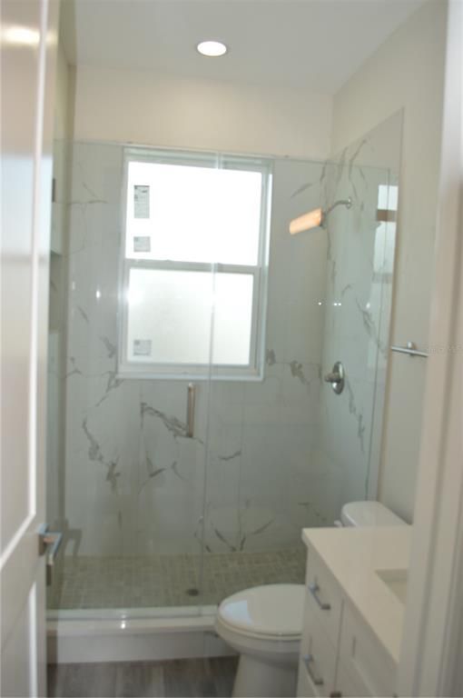 Bathroom, Glass Shower, Interior, Marble Walls, Recessed Lighting