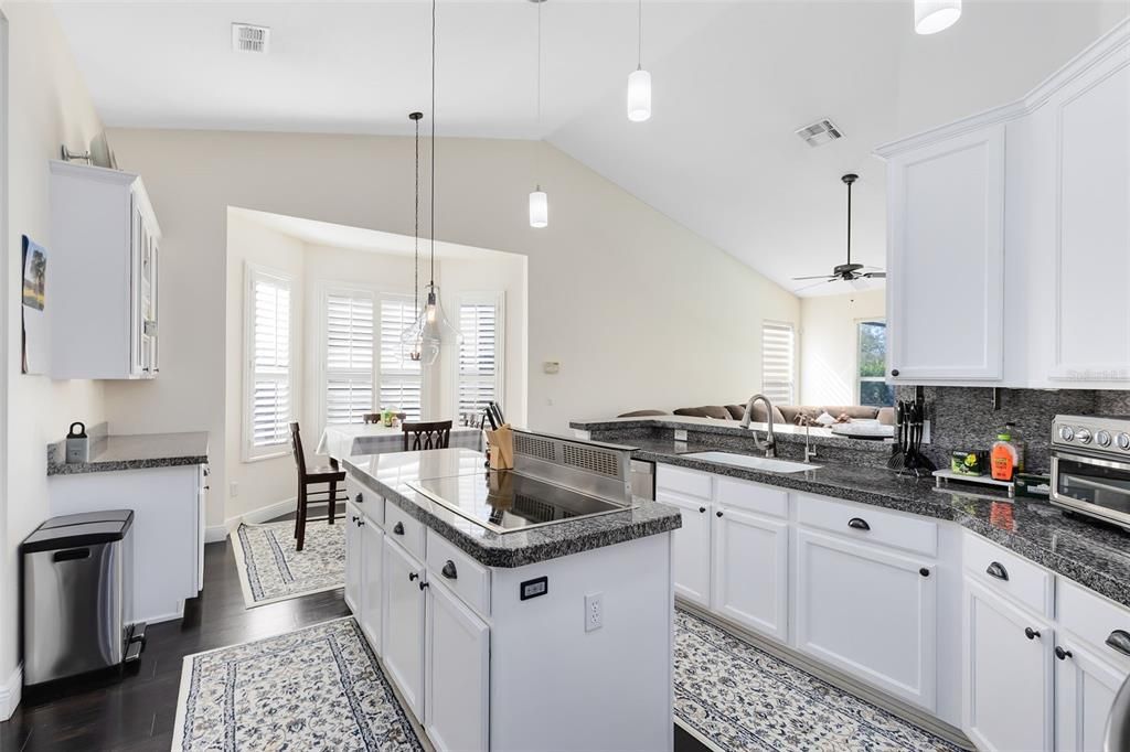 Dining room, Interior, Kitchen, Pendant Lights, Recessed Lighting, Wood Texture Flooring