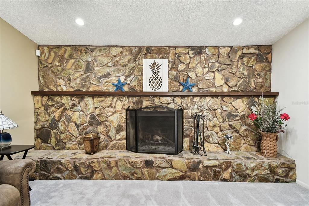 Fireplace, Interior, Recessed Lighting, Stone Walls