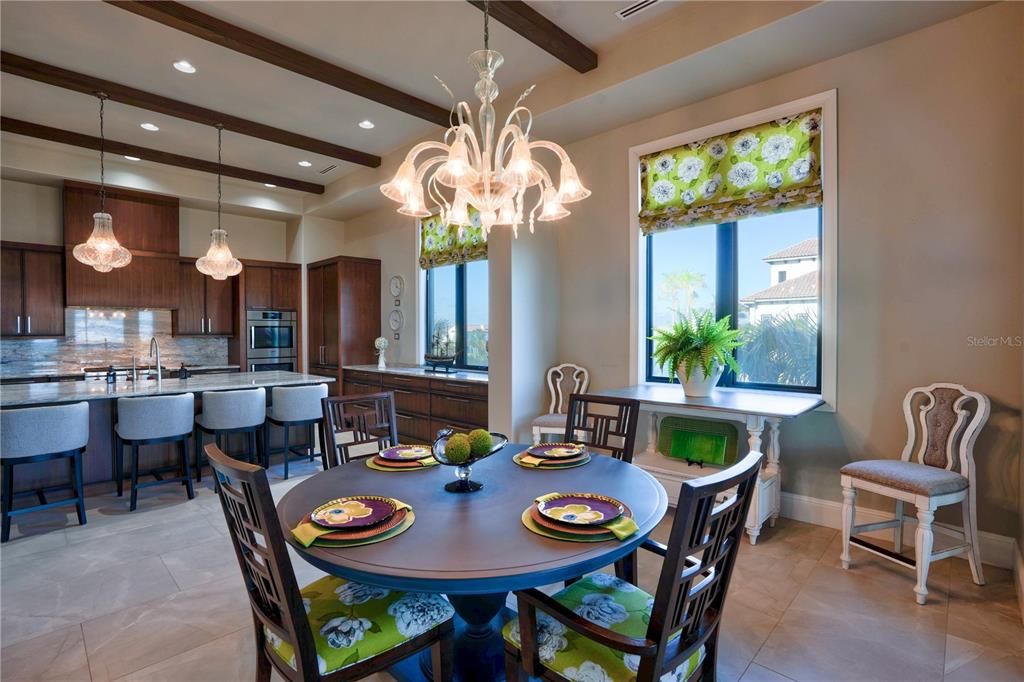 Chandelier, Dining room, Interior, Kitchen, Pendant Lights, Recessed Lighting, Stainless Steel Appliances, Wooden Beams