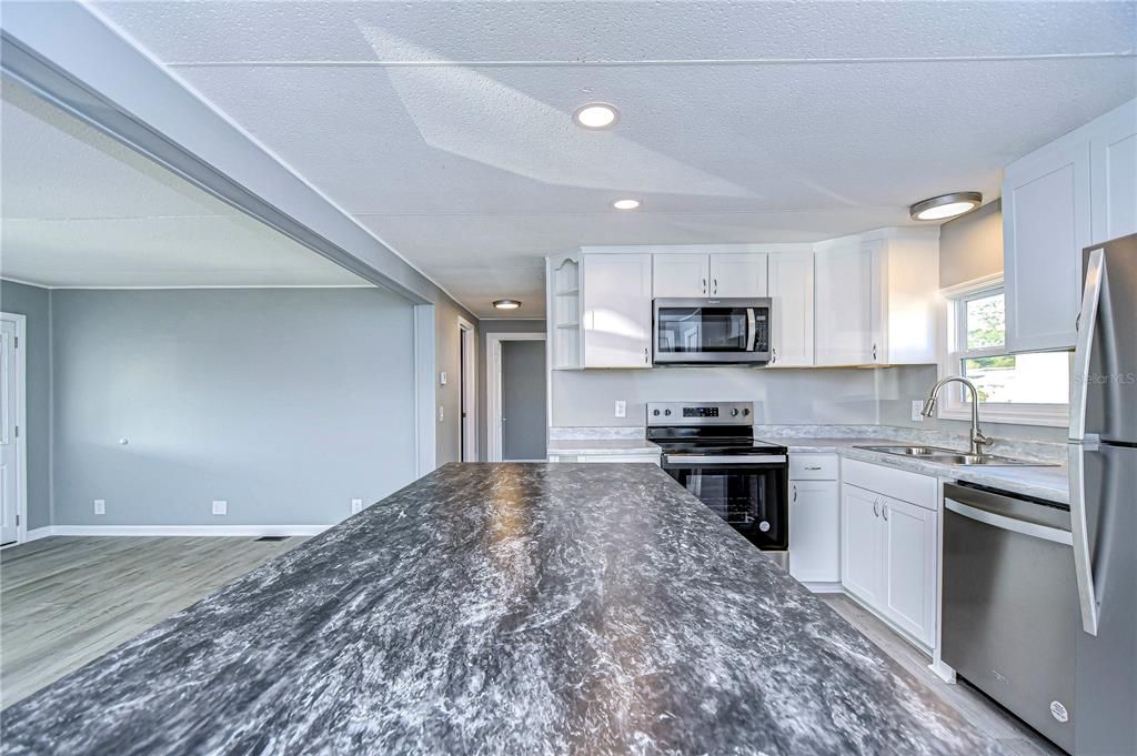 Interior, Kitchen, Recessed Lighting, Stainless Steel Appliances, Wood Texture Flooring