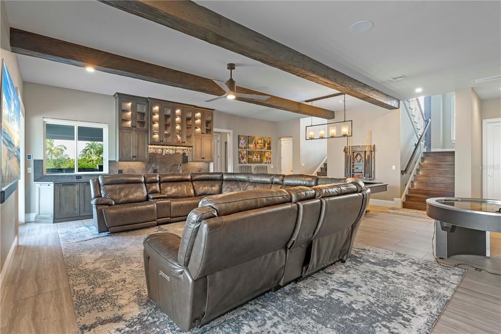 Home Theatre Room, Interior, Kitchen, Living room, Pendant Lights, Recessed Lighting, Wooden Beams, Wood Texture Flooring