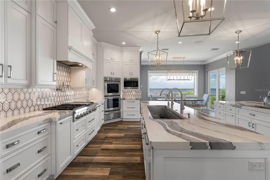 Interior, Kitchen, Pendant Lights, Recessed Lighting, Stainless Steel Appliances, Water, Wood Texture Flooring