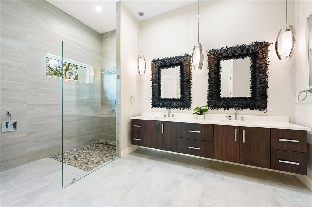 Bathroom, Dual Sink Vanities, Glass Shower, Interior, Pendant Lights, Recessed Lighting