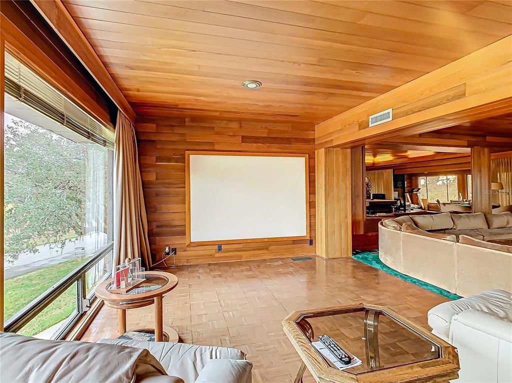 Interior, Living room, Projection Screen, Recessed Lighting, Wooden Ceilings, Wooden Walls