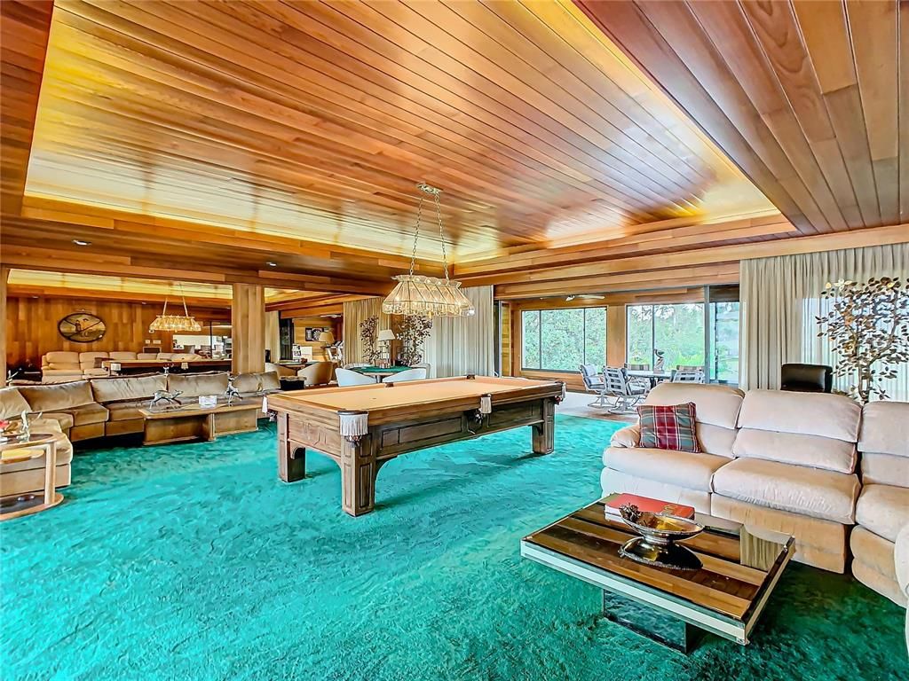 Billiard Table, Chandelier, Game Room, Interior, Living room, Pendant Lights, Wooden Ceilings