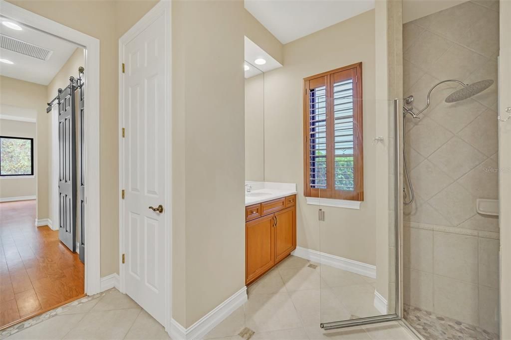 Bathroom, Glass Shower, Interior, Recessed Lighting, Wood Texture Flooring