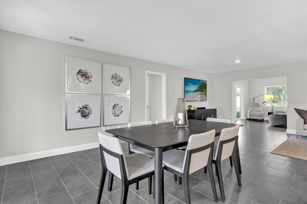 Dining room, Interior, Recessed Lighting, Wood Texture Flooring