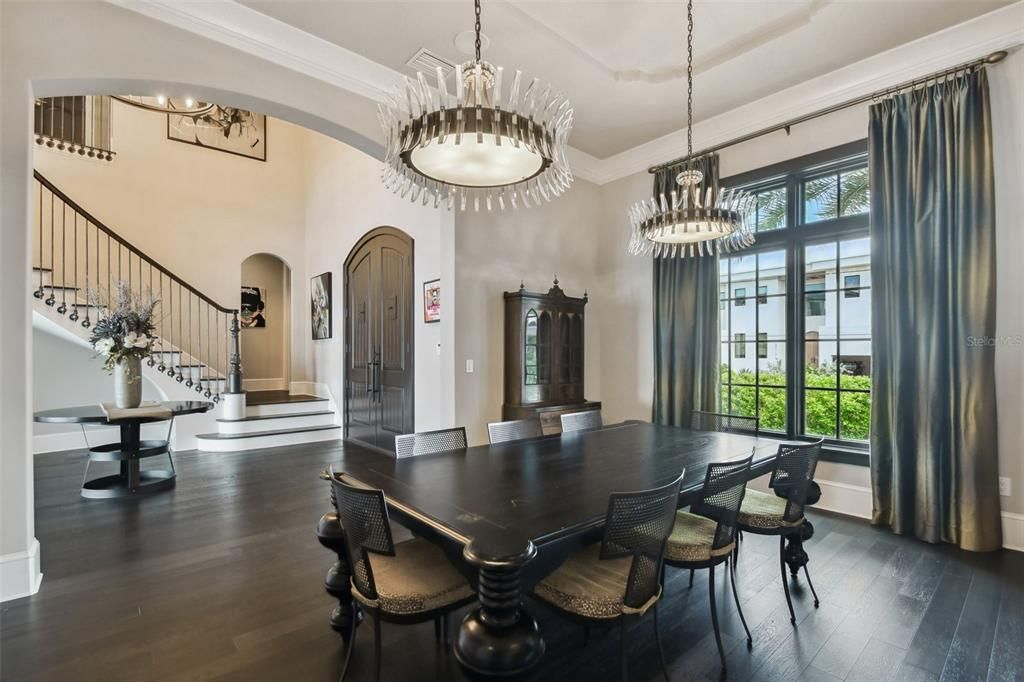 Chandelier, Dining room, Interior, Pendant Lights, Wood Texture Flooring