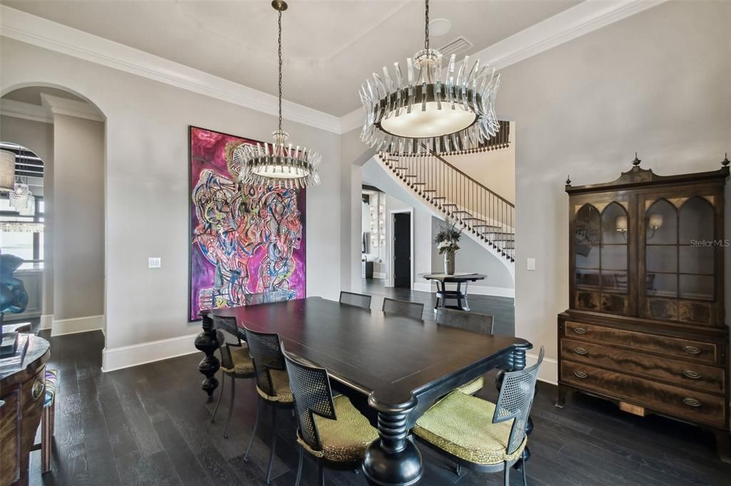 Chandelier, Dining room, Interior, Pendant Lights, Wood Texture Flooring