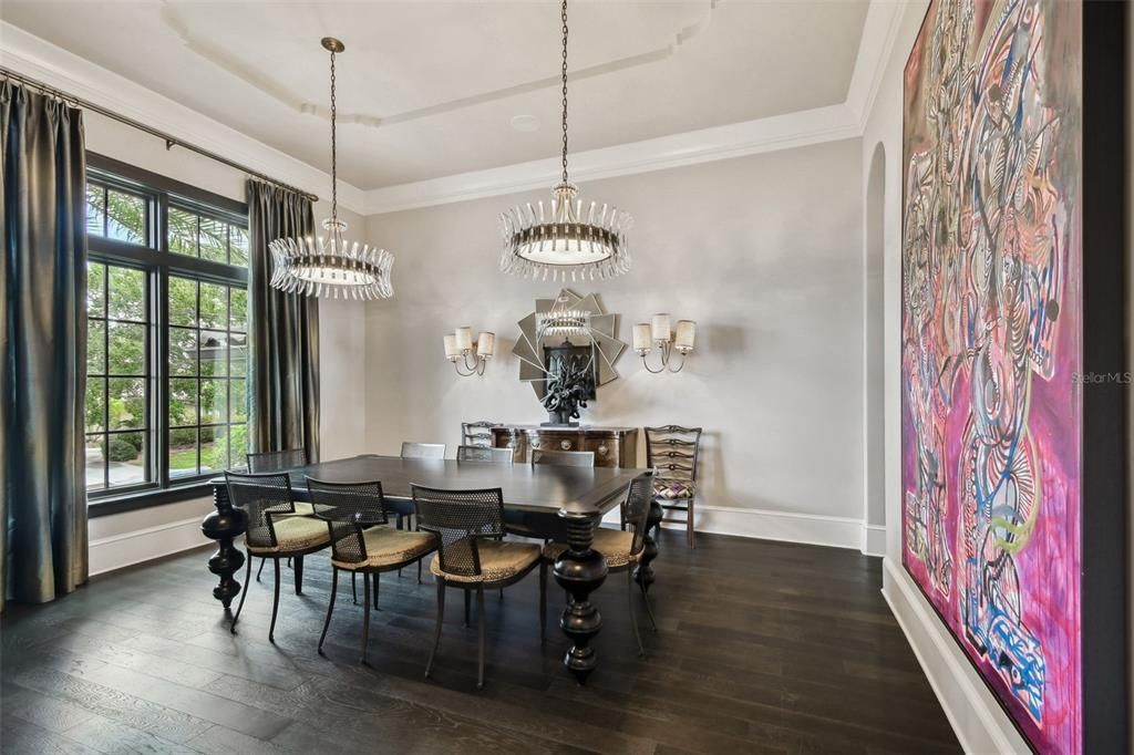 Chandelier, Dining room, Interior, Pendant Lights, Wood Texture Flooring