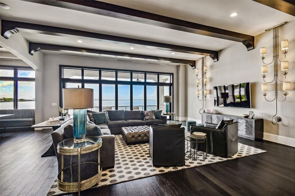 Interior, Living room, Recessed Lighting, Water, Wooden Beams, Wood Texture Flooring