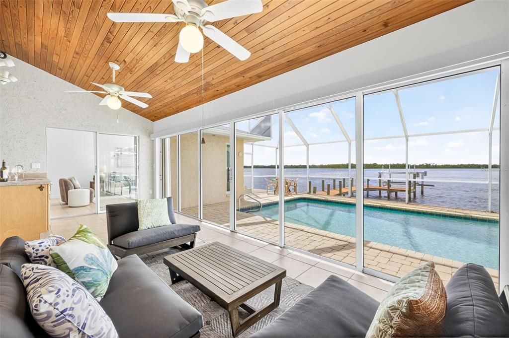 Glass Ceilings, Interior, Living room, Pool, Sun Room, Water, Wooden Ceilings