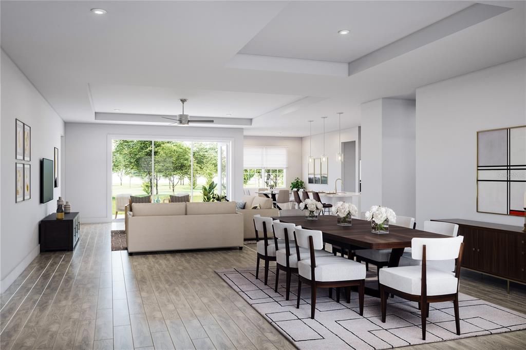 Dining room, Interior, Living room, Pendant Lights, Recessed Lighting, Wood Texture Flooring