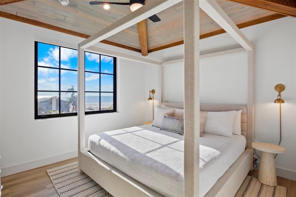 Bedroom, Interior, Recessed Lighting, Water, Wooden Beams, Wooden Ceilings, Wood Texture Flooring