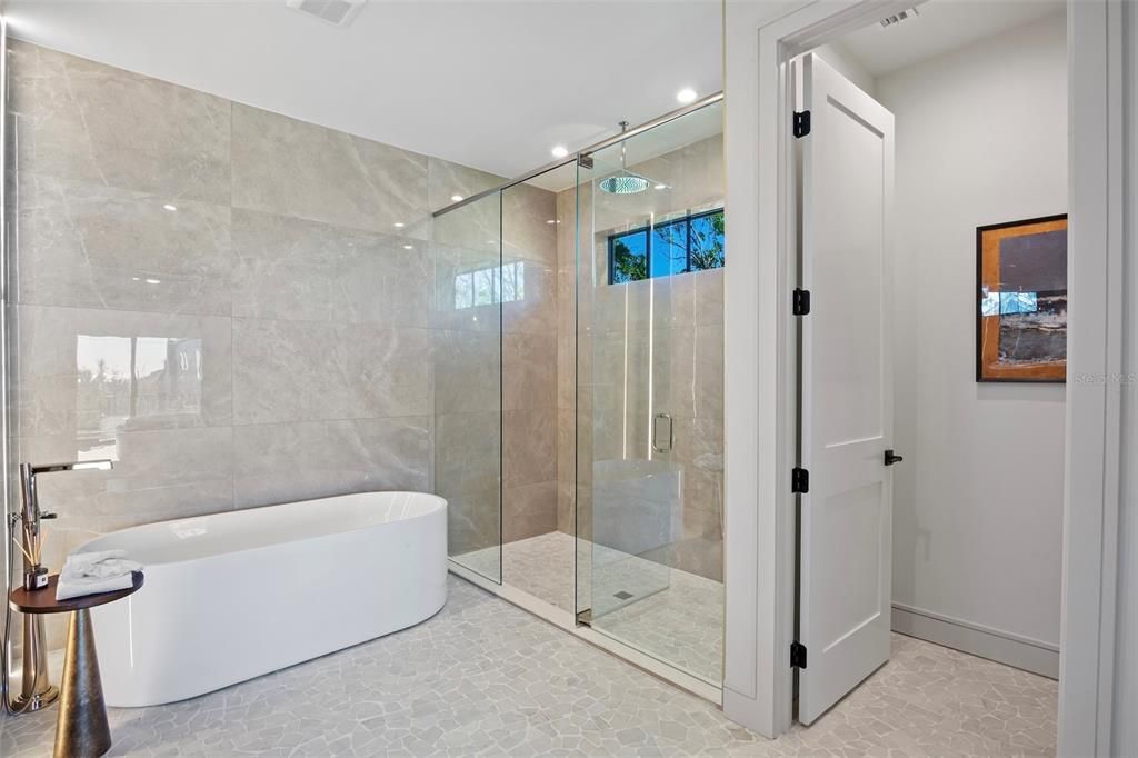 Bathroom, Free Standing Baths, Glass Shower, Interior, Recessed Lighting