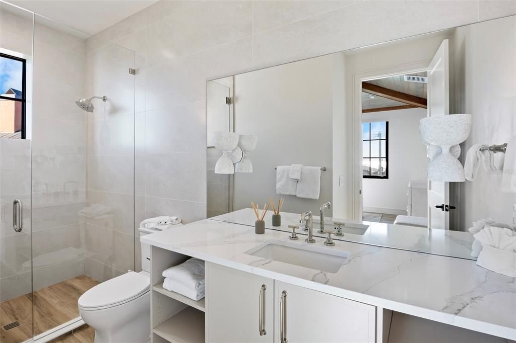 Bathroom, Glass Shower, Interior, Wood Texture Flooring
