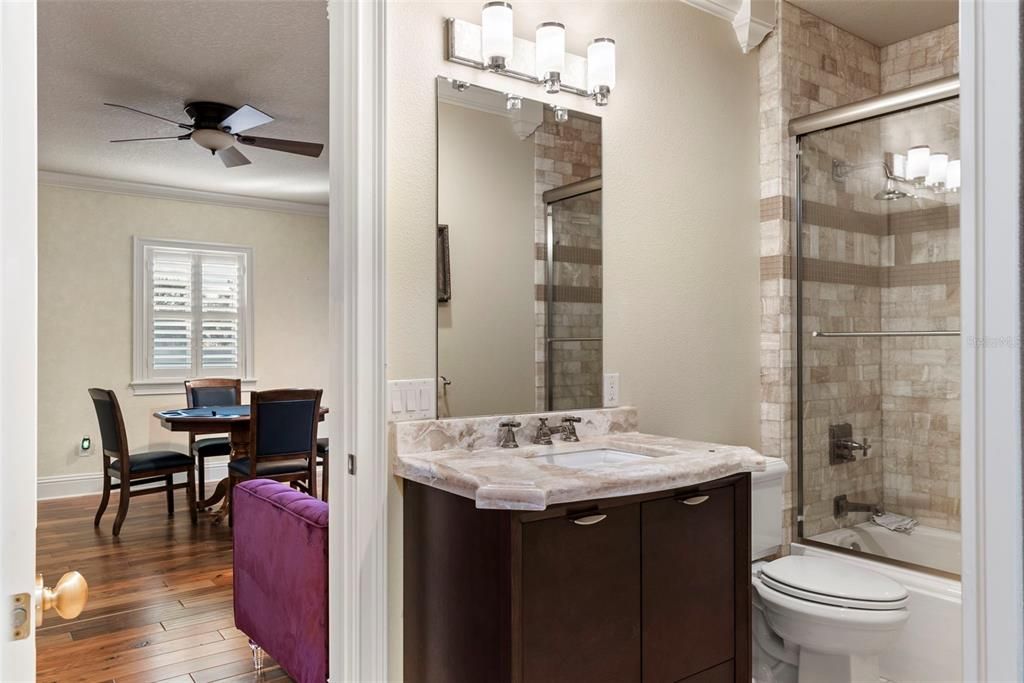 Bathroom, Dining room, Glass Shower, Interior, Wood Texture Flooring