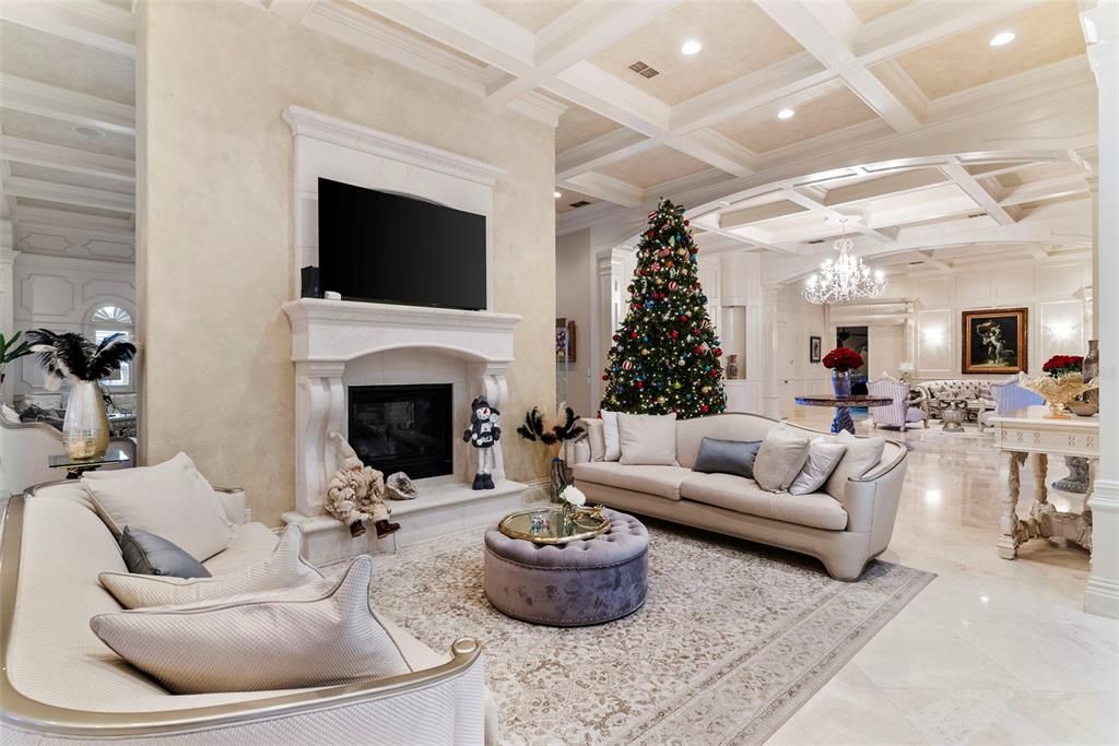 Chandelier, Fireplace, Interior, Living room, Recessed Lighting
