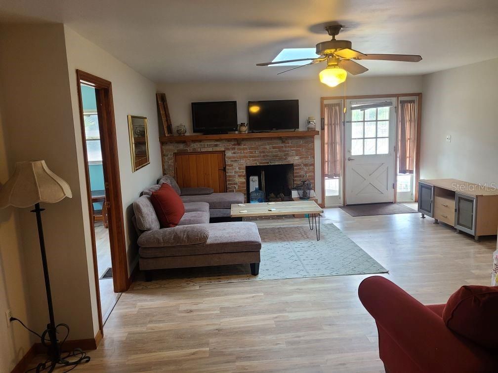 Fireplace, Interior, Living room, Stone Walls, Wood Texture Flooring