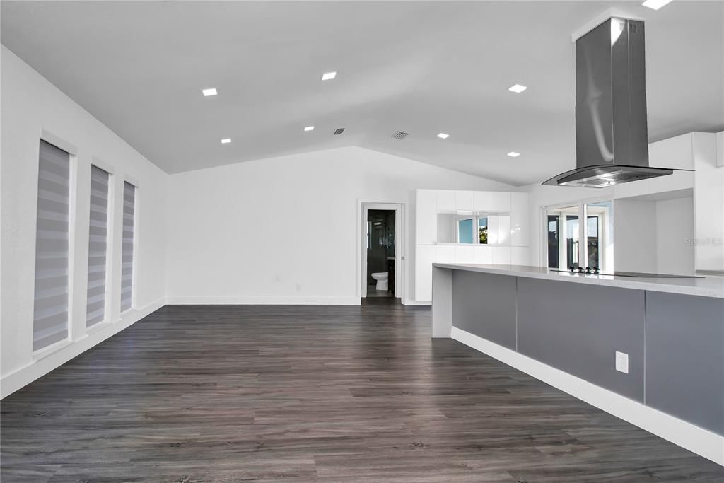 Empty room, Interior, Recessed Lighting, Wood Texture Flooring