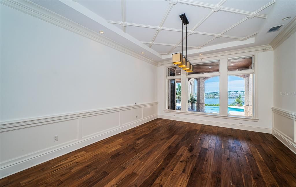 Empty room, Interior, Pendant Lights, Recessed Lighting, Water, Wood Texture Flooring